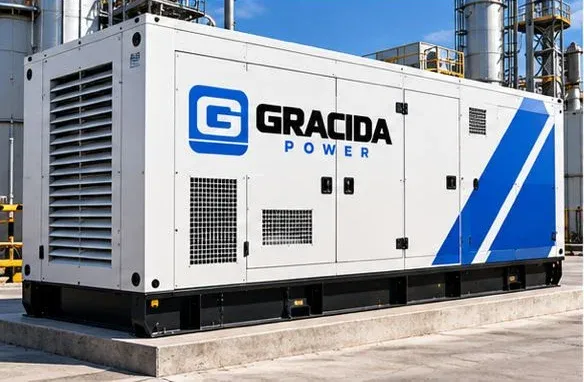 Render de una planta de emergencia en caseta con el logotipo de Gracida Power